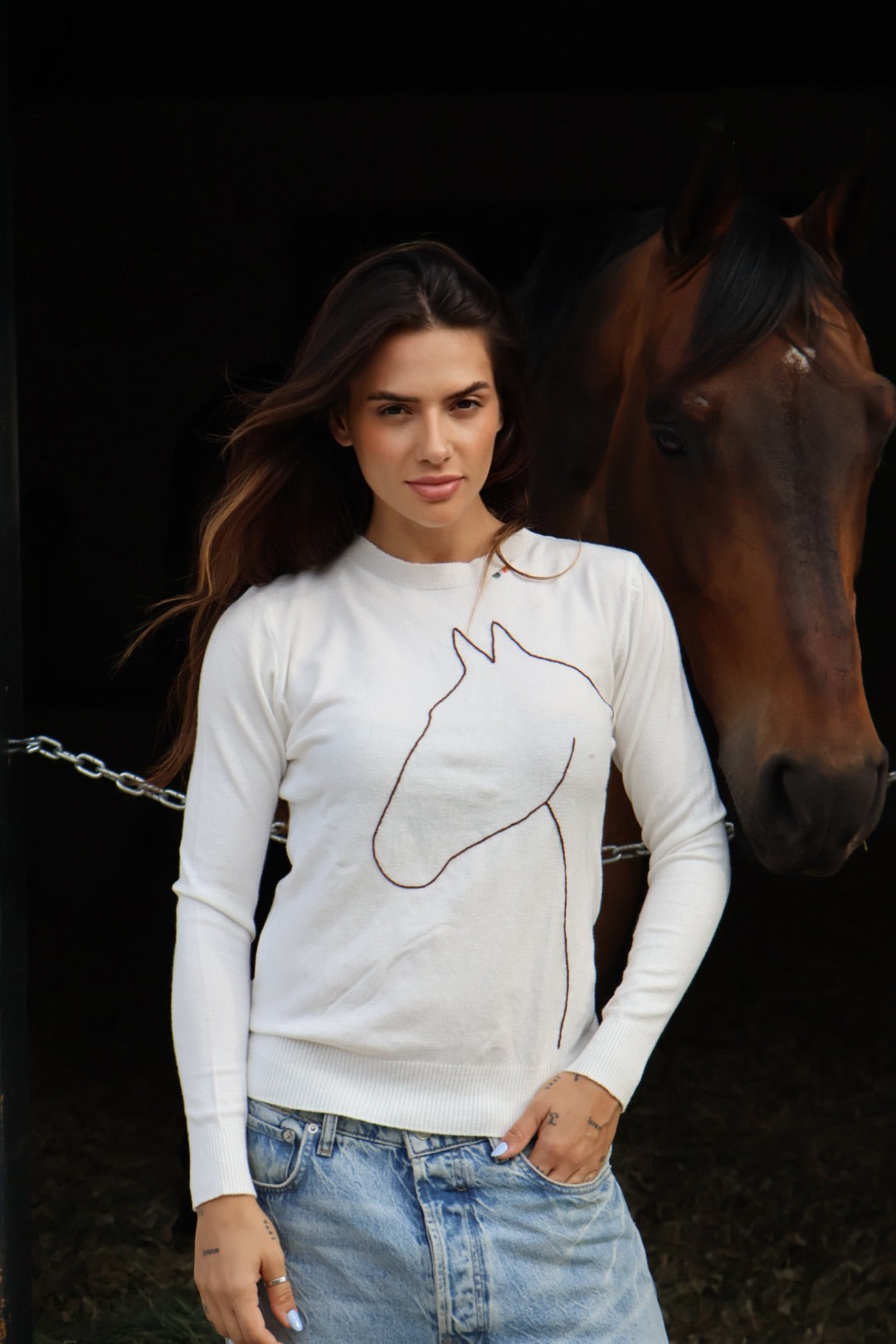 Pullover careca - Cavalo Contorno *bordado a mão* - Branco
