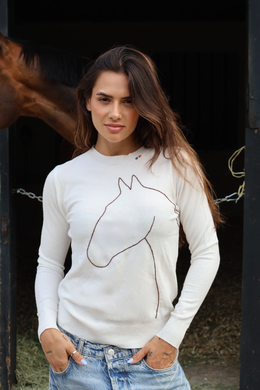 Pullover careca - Cavalo Contorno *bordado a mão* - Branco