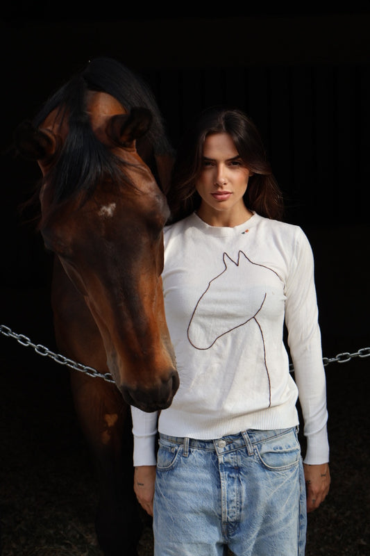 Pullover careca - Cavalo Contorno *bordado a mão* - Branco