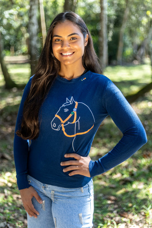 Pullover Careca Cavalo Perfil - Marinho